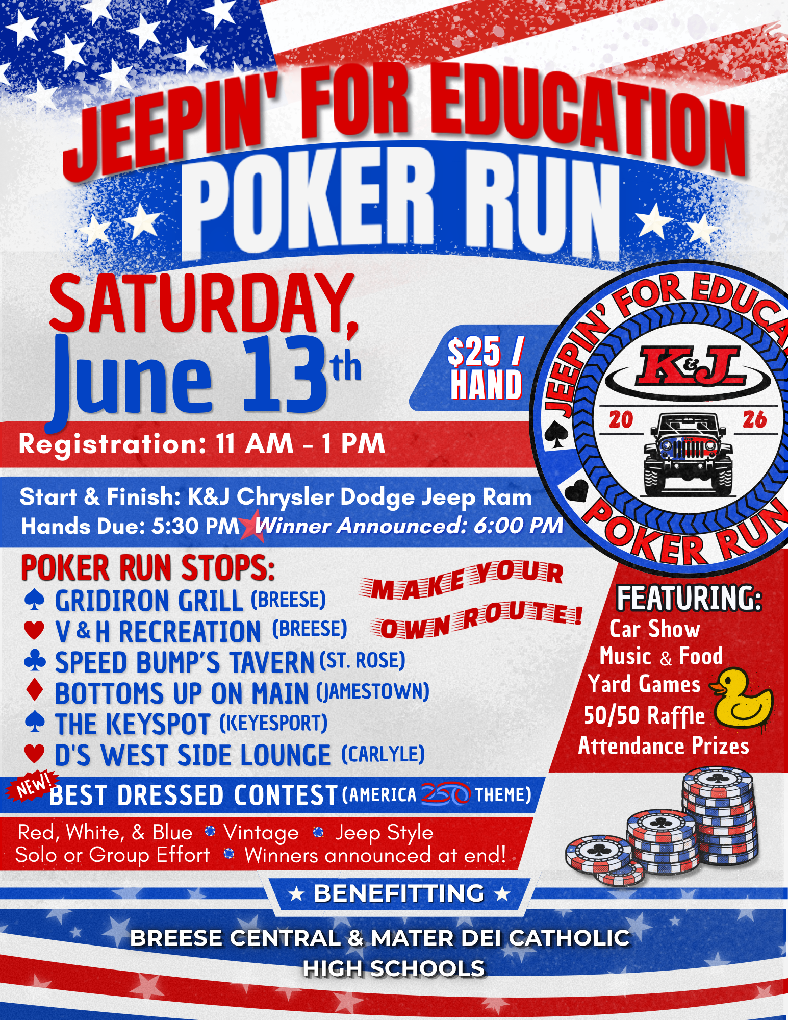 A red, white, and blue flyer for a Jeepin For Education Poker Run on Saturday, June 13th.